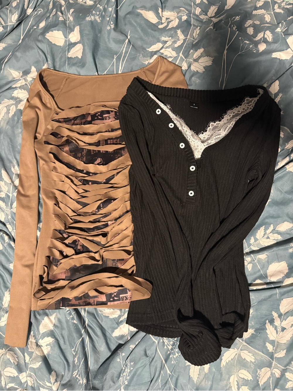 SHEIN Black Ribbed Henley Top with White Lace Trim